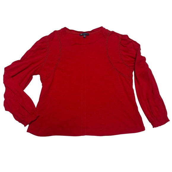 Democracy Tops - Democracy Womens Red Slub Knit Crochet Lace Trim Puff Sleeve Top Size L